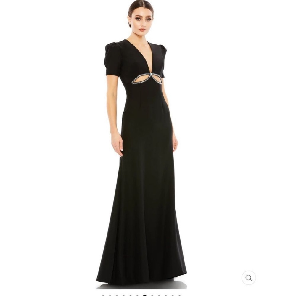 IEENA for Mac Duggal Black puff sleeve embellished cut out Long evening gown 2